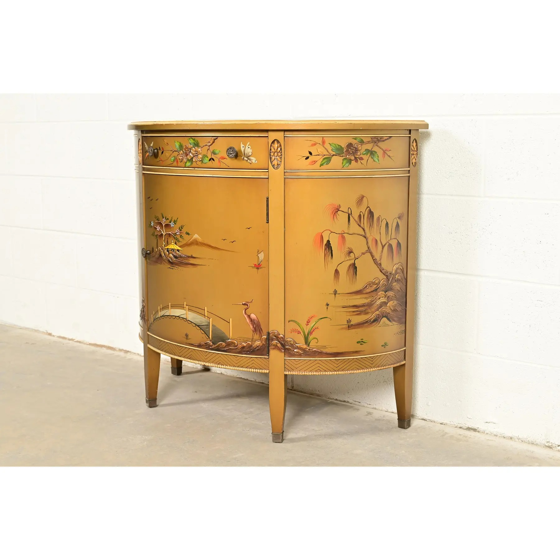 Imperial Furniture Regency Chinoiserie Gold Lacquered Hand Painted Demilune Console or Bar Cabinet, Circa 1940s - Image 3