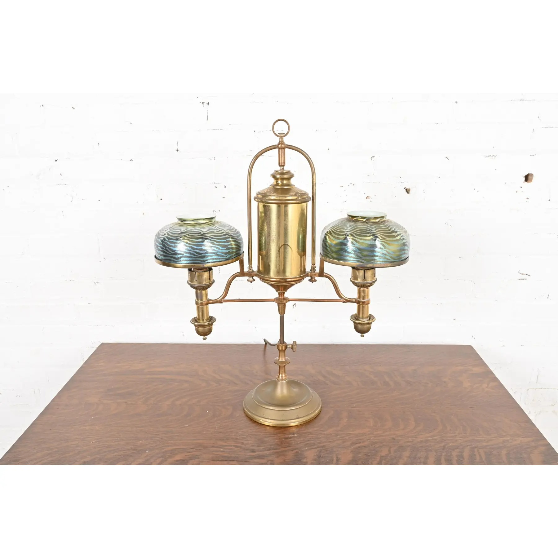 Antique Tiffany Studios Style Brass Double Arm Student Lamp, Circa 1910 - Image 10