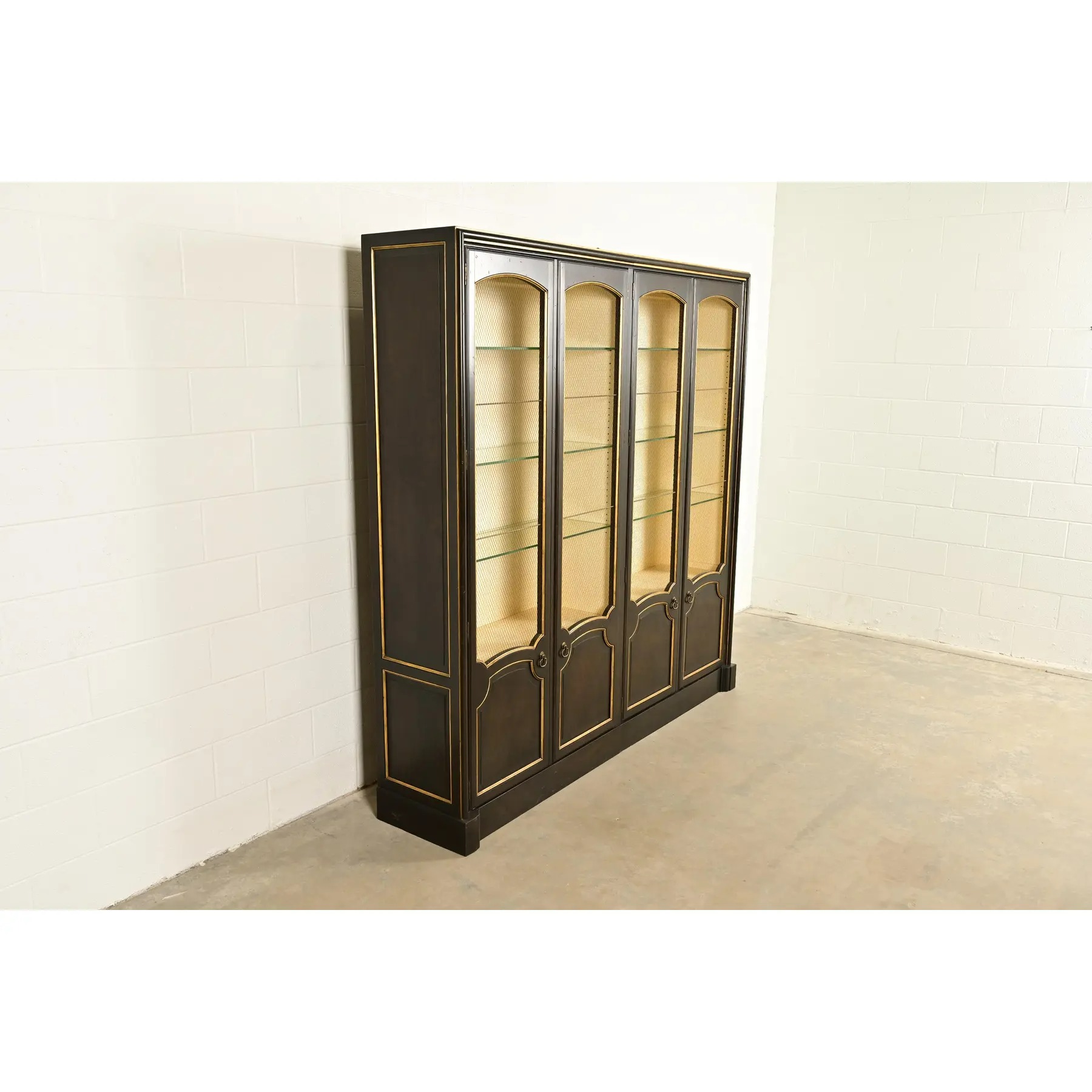 Baker Furniture French Regency Louis XVI Carved Walnut and Parcel Gilt Lighted Breakfront Bookcase Cabinet, Circa 1960s - Image 4