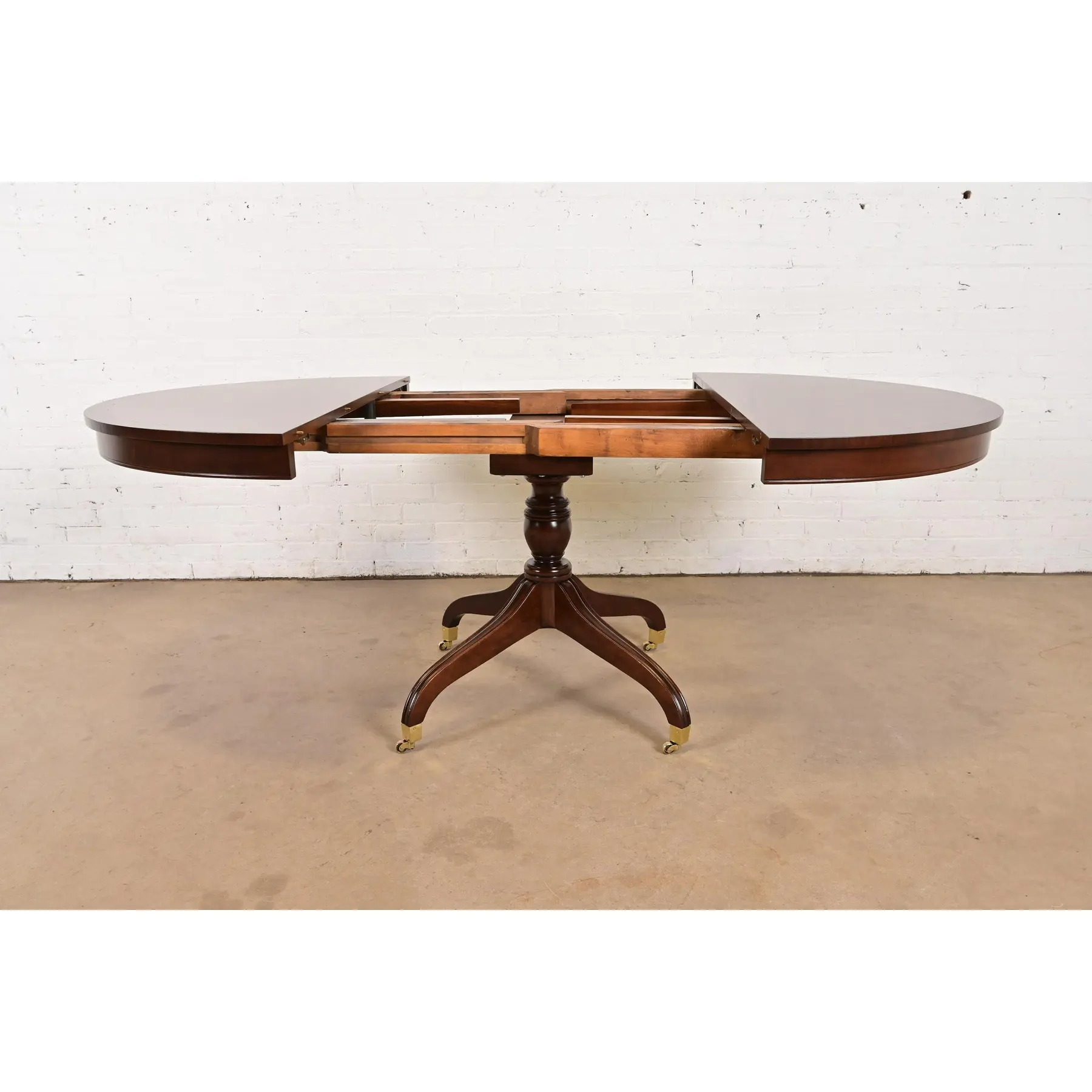 Baker Furniture Style Regency Banded Cherry Wood Pedestal Extension Dining Table, Newly Refinished - Image 7