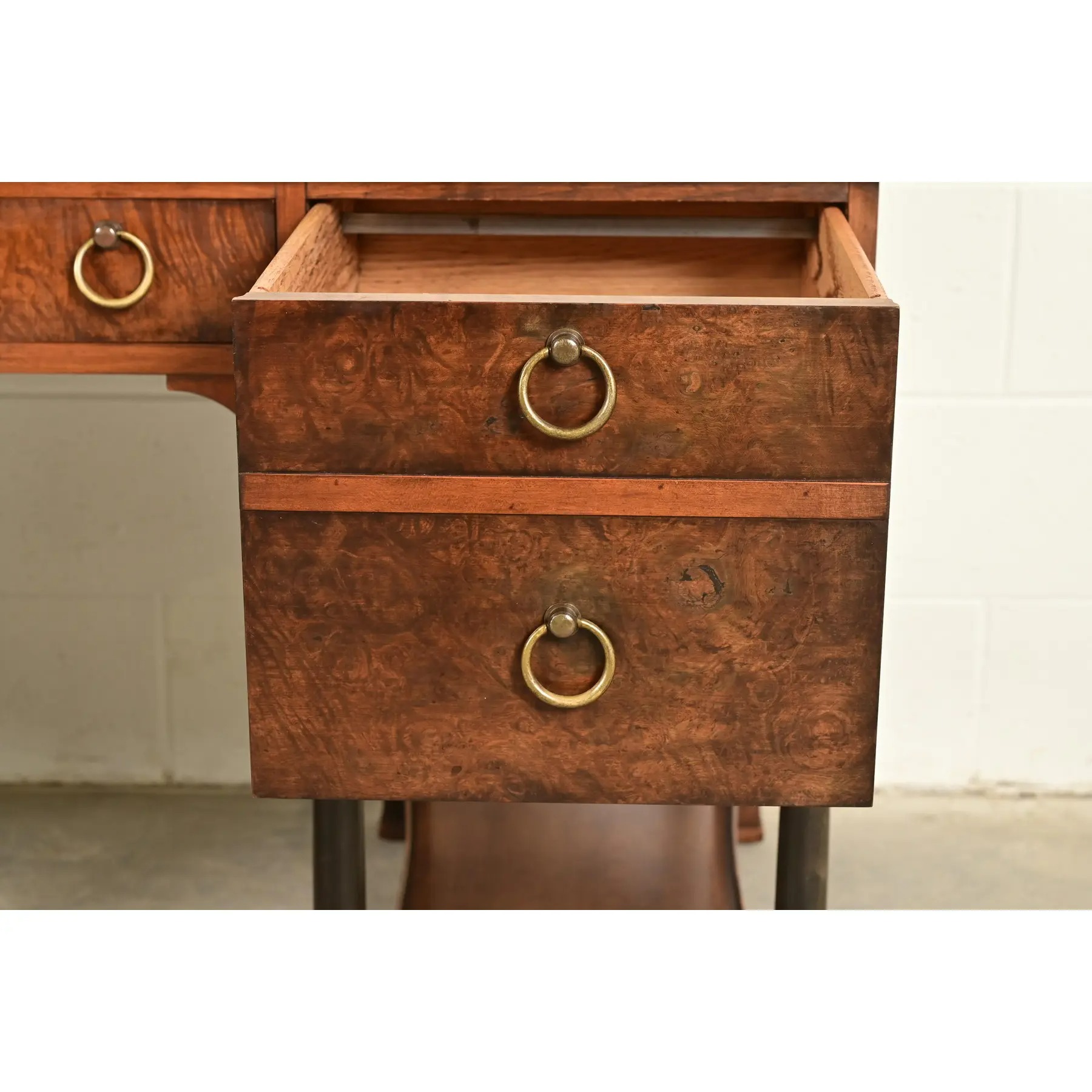 Hekman Furniture French Empire Burled Walnut Leather Top Desk, Circa 1960s - Image 7