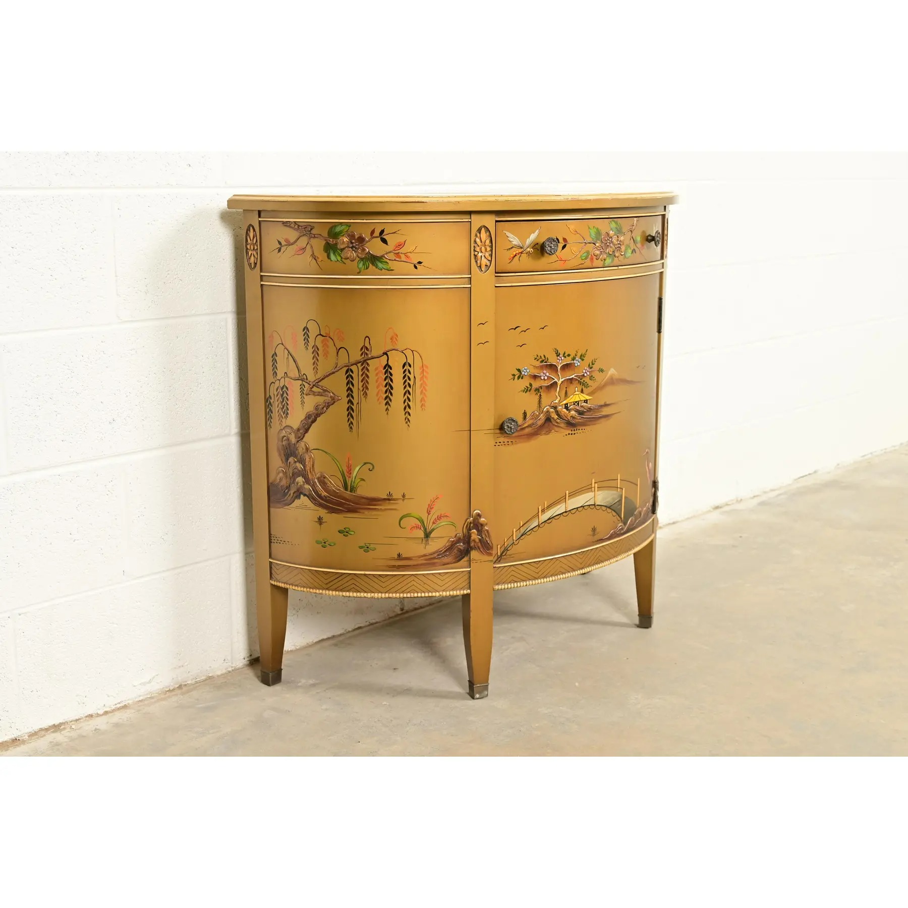 Imperial Furniture Regency Chinoiserie Gold Lacquered Hand Painted Demilune Console or Bar Cabinet, Circa 1940s - Image 4