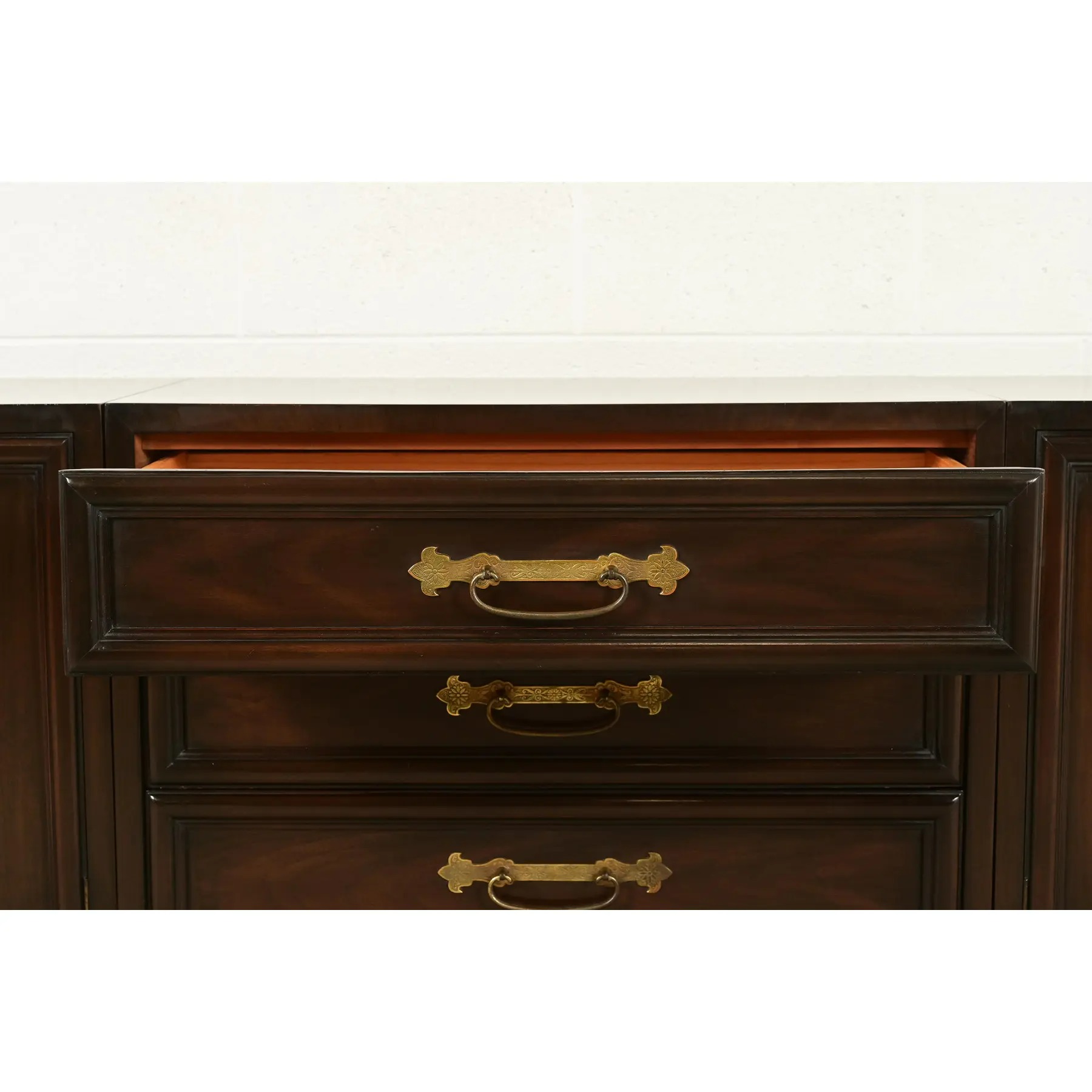 John Stuart for Mount Airy Hollywood Regency Chinoiserie Monumental Mahogany and Brass Sideboard Credenza, 1960s - Image 7