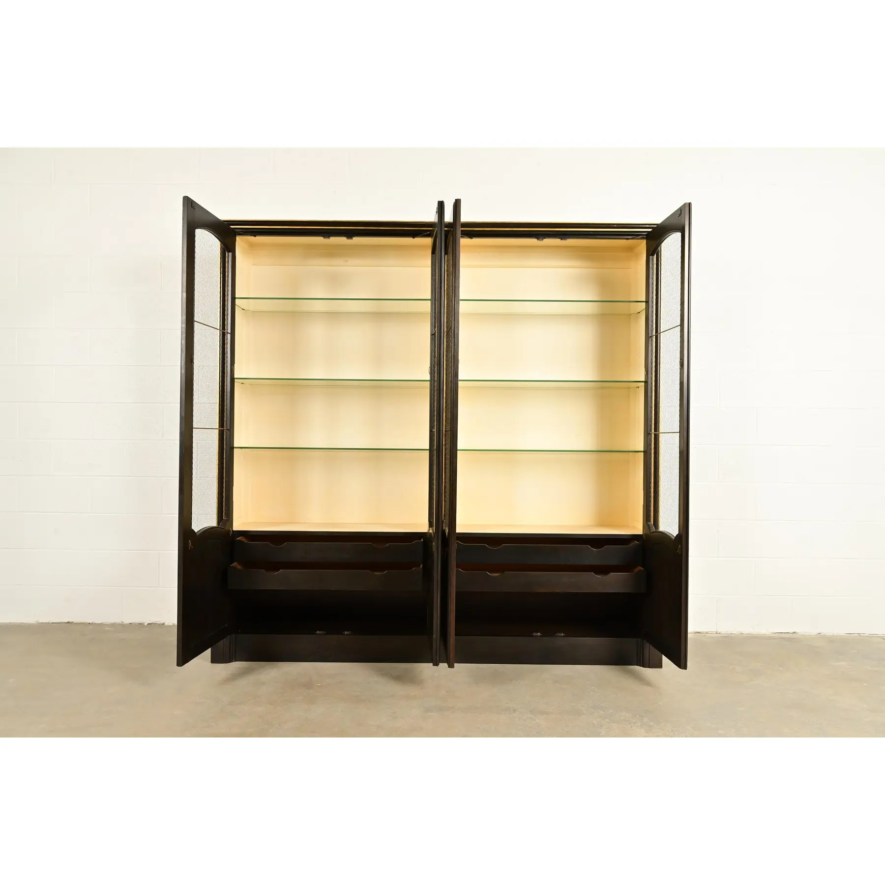 Baker Furniture French Regency Louis XVI Carved Walnut and Parcel Gilt Lighted Breakfront Bookcase Cabinet, Circa 1960s - Image 5