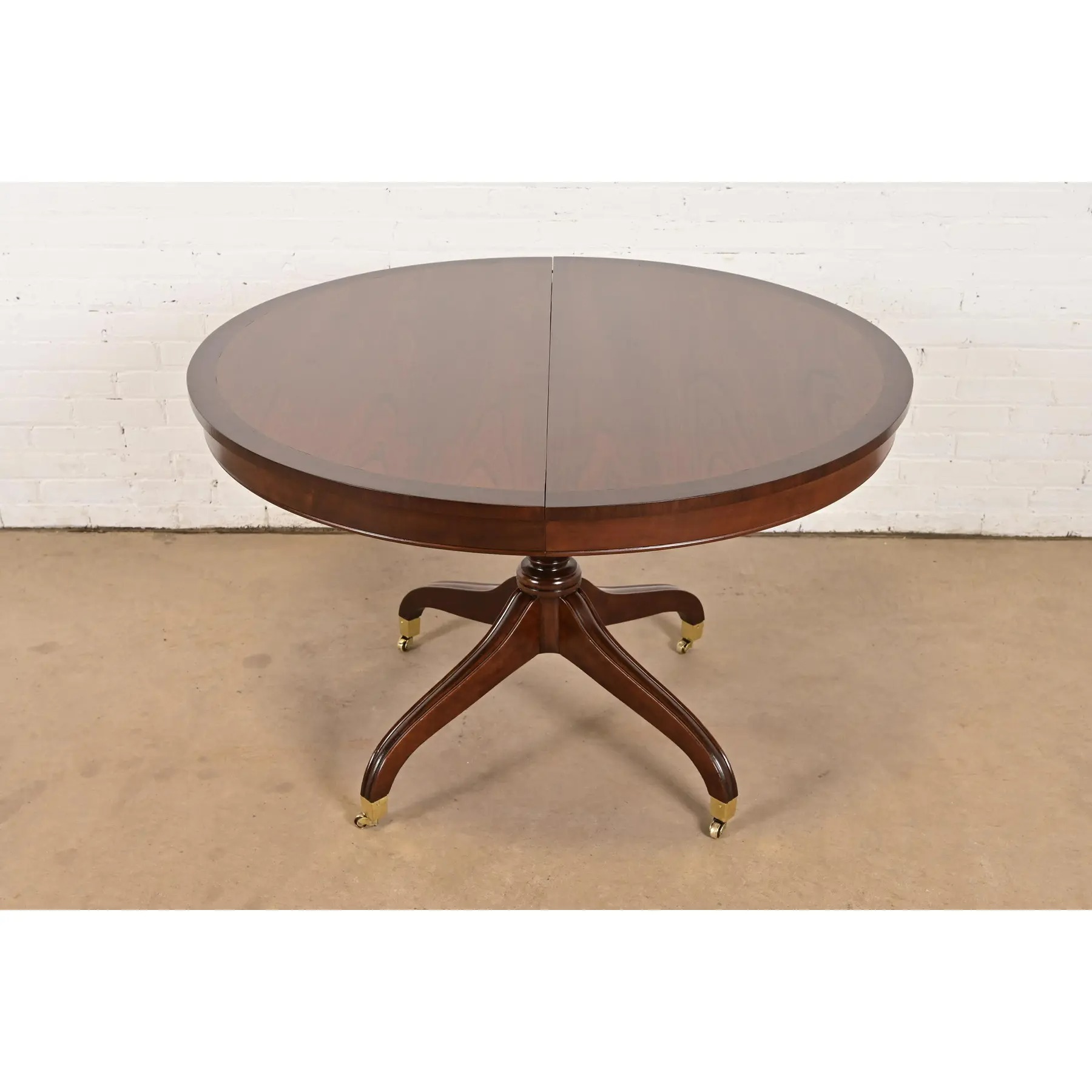 Baker Furniture Style Regency Banded Cherry Wood Pedestal Extension Dining Table, Newly Refinished - Image 8