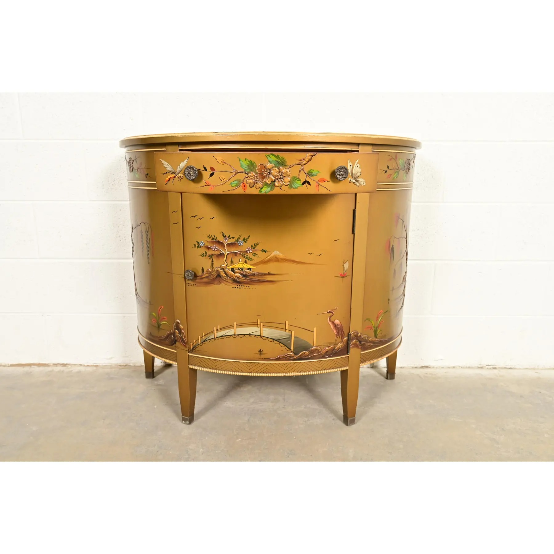 Imperial Furniture Regency Chinoiserie Gold Lacquered Hand Painted Demilune Console or Bar Cabinet, Circa 1940s - Image 5