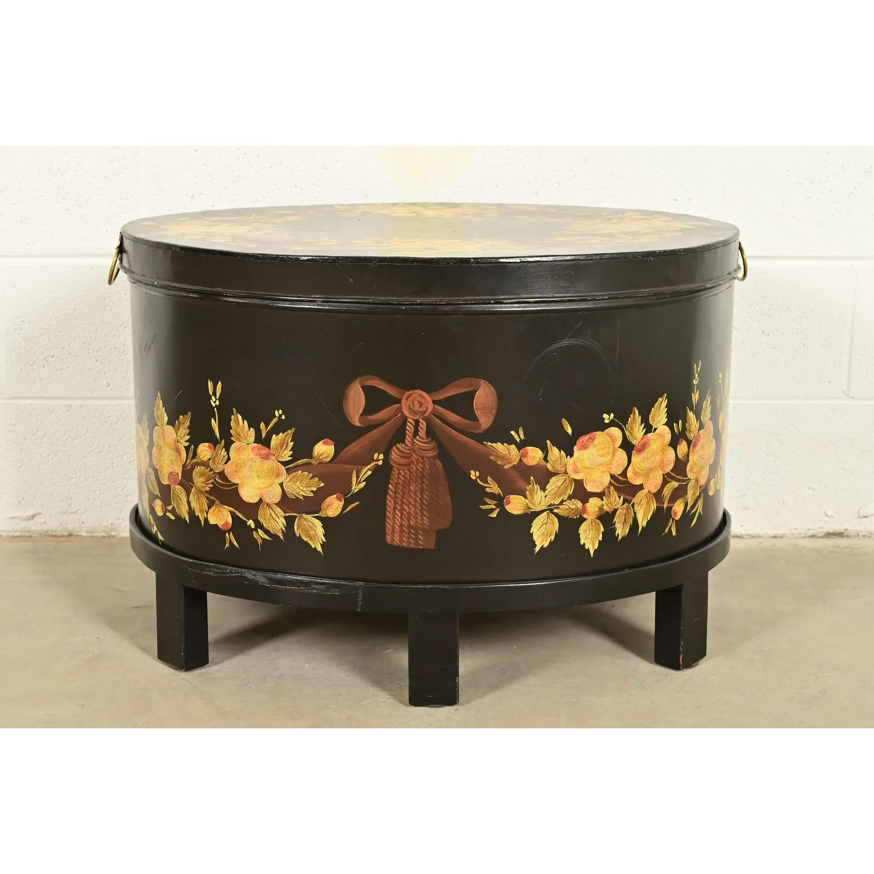 Maitland Smith Neoclassical Hand-Painted Black Lacquered Oval Toleware Box or Chest on Stand - Image 13