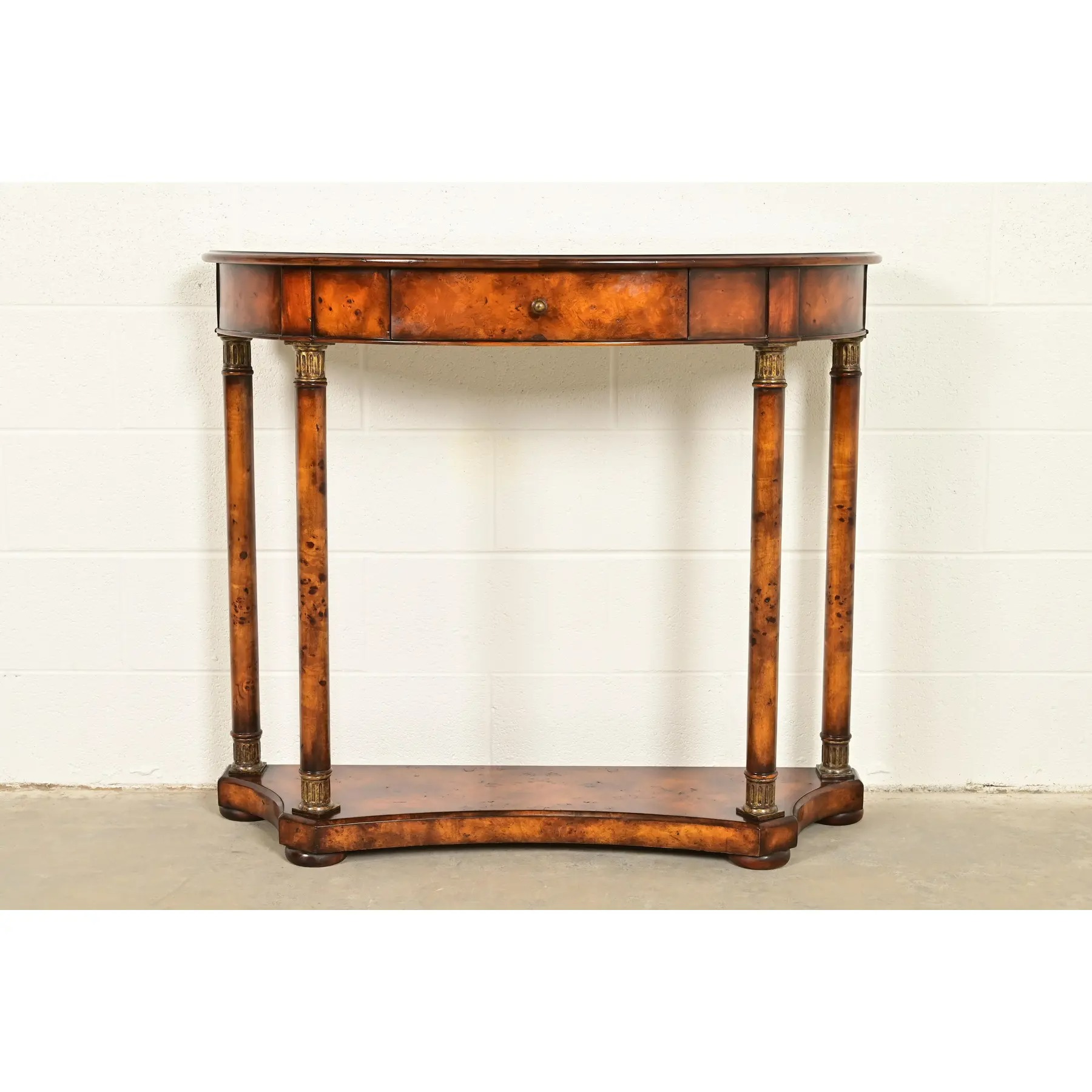 Maitland Smith Style French Empire Burl Wood and Gold Gilt Demilune Console Table - Image 2