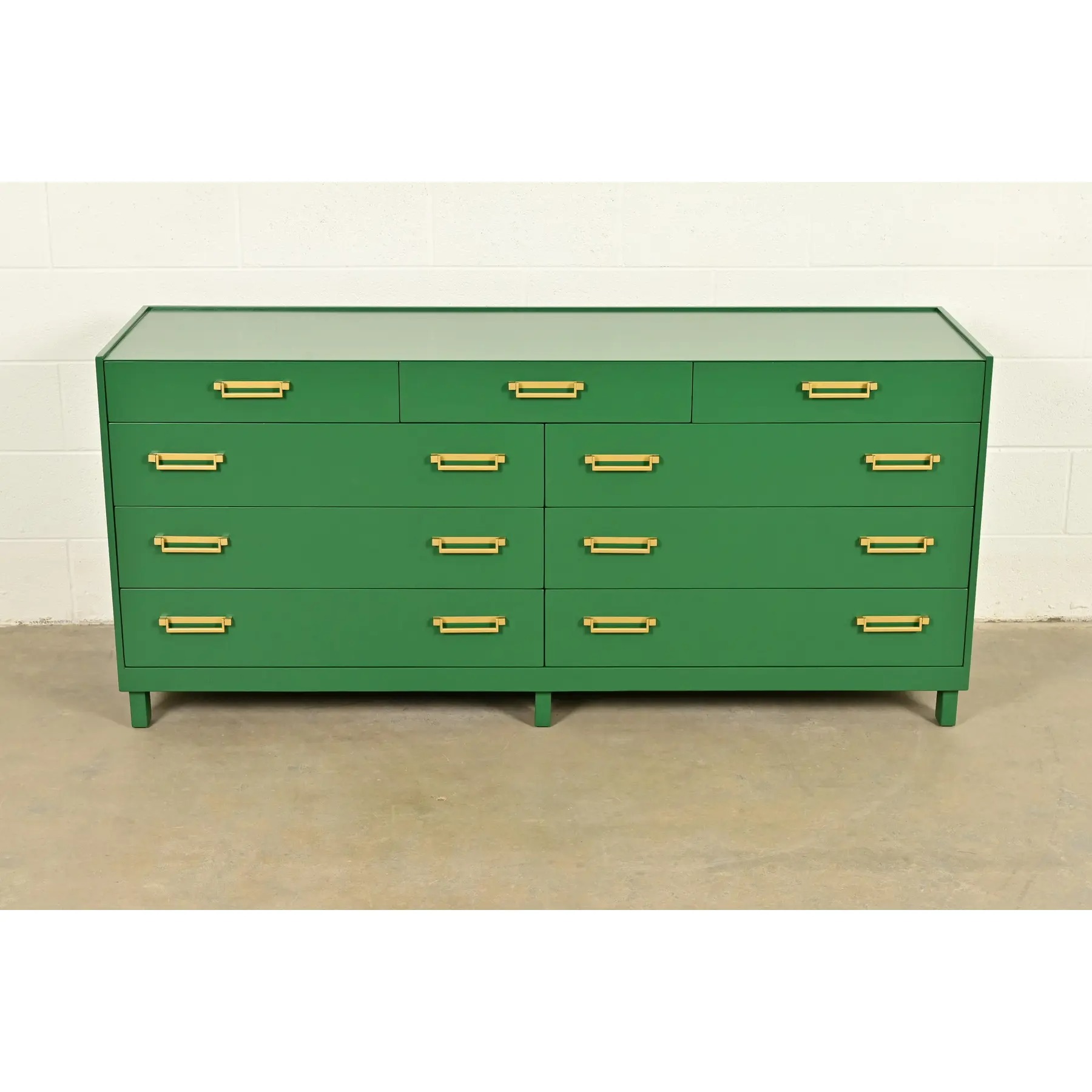 Michael Taylor for Baker Furniture Mid-Century Hollywood Regency Green Lacquered Campaign Dresser, Newly Refinished - Image 2