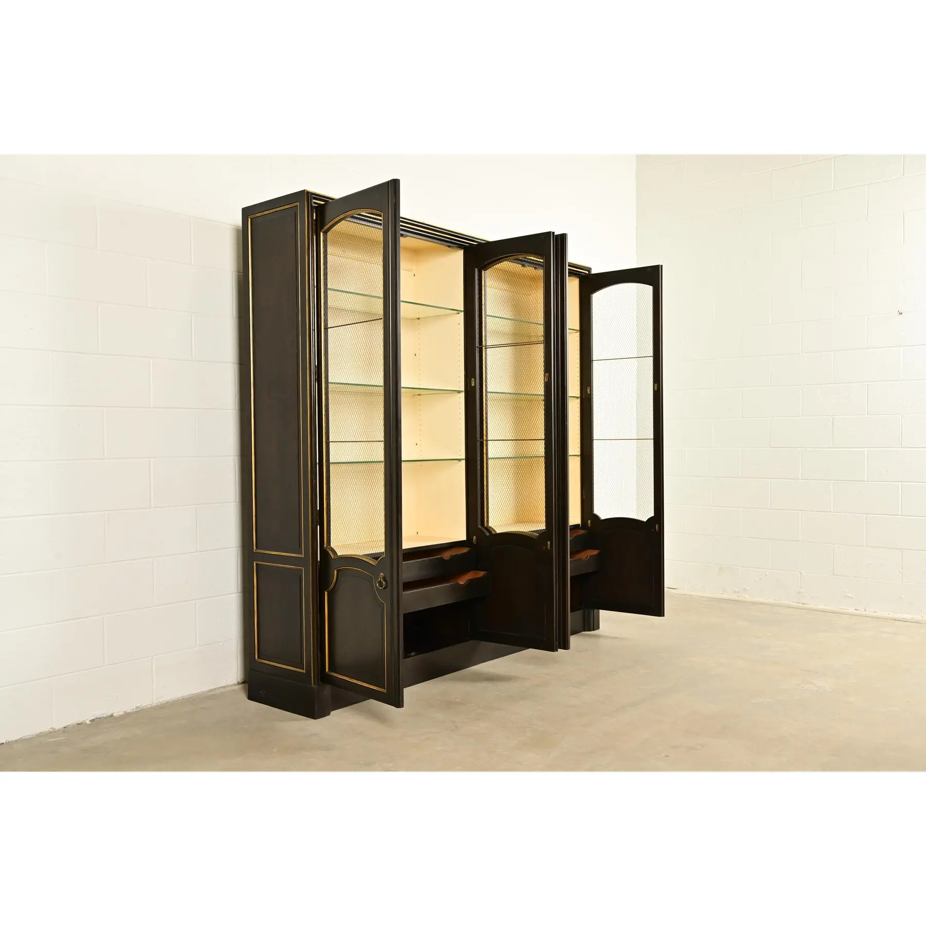Baker Furniture French Regency Louis XVI Carved Walnut and Parcel Gilt Lighted Breakfront Bookcase Cabinet, Circa 1960s - Image 6