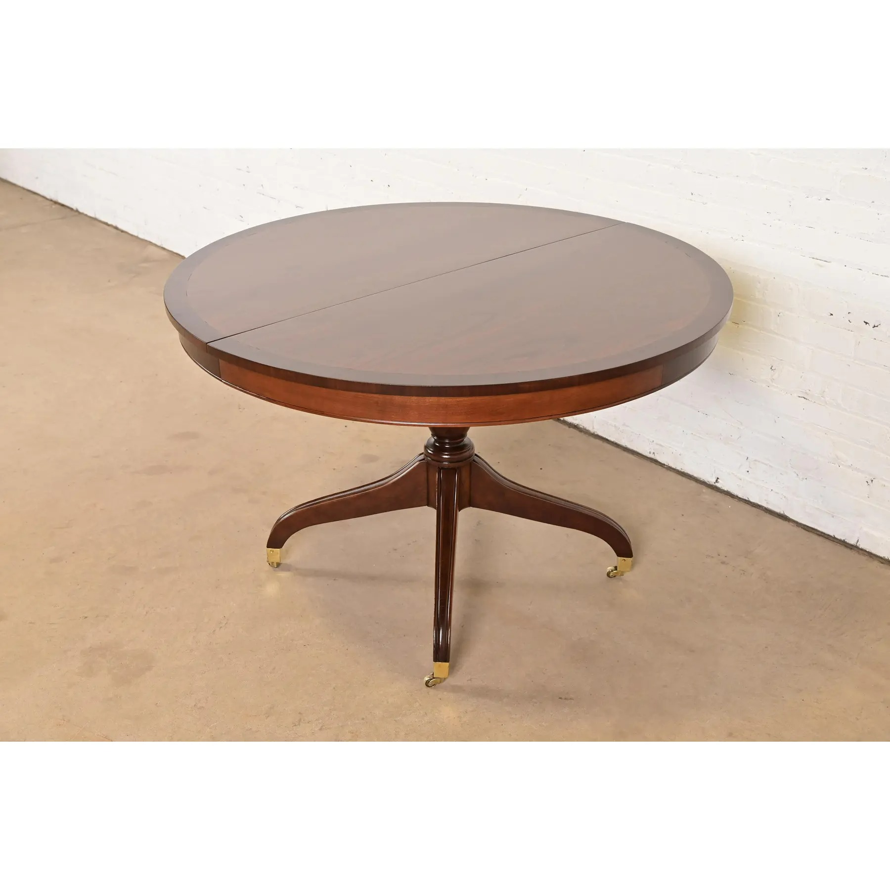 Baker Furniture Style Regency Banded Cherry Wood Pedestal Extension Dining Table, Newly Refinished - Image 9