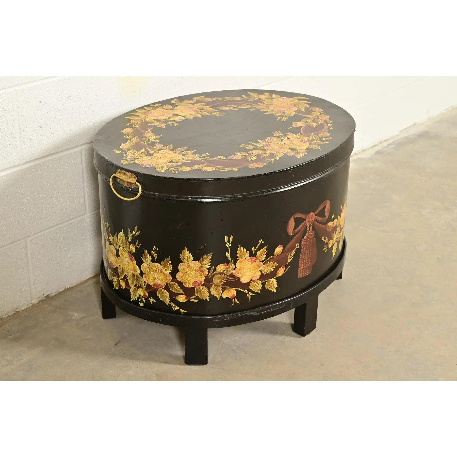 Maitland Smith Neoclassical Hand-Painted Black Lacquered Oval Toleware Box or Chest on Stand - Image 3