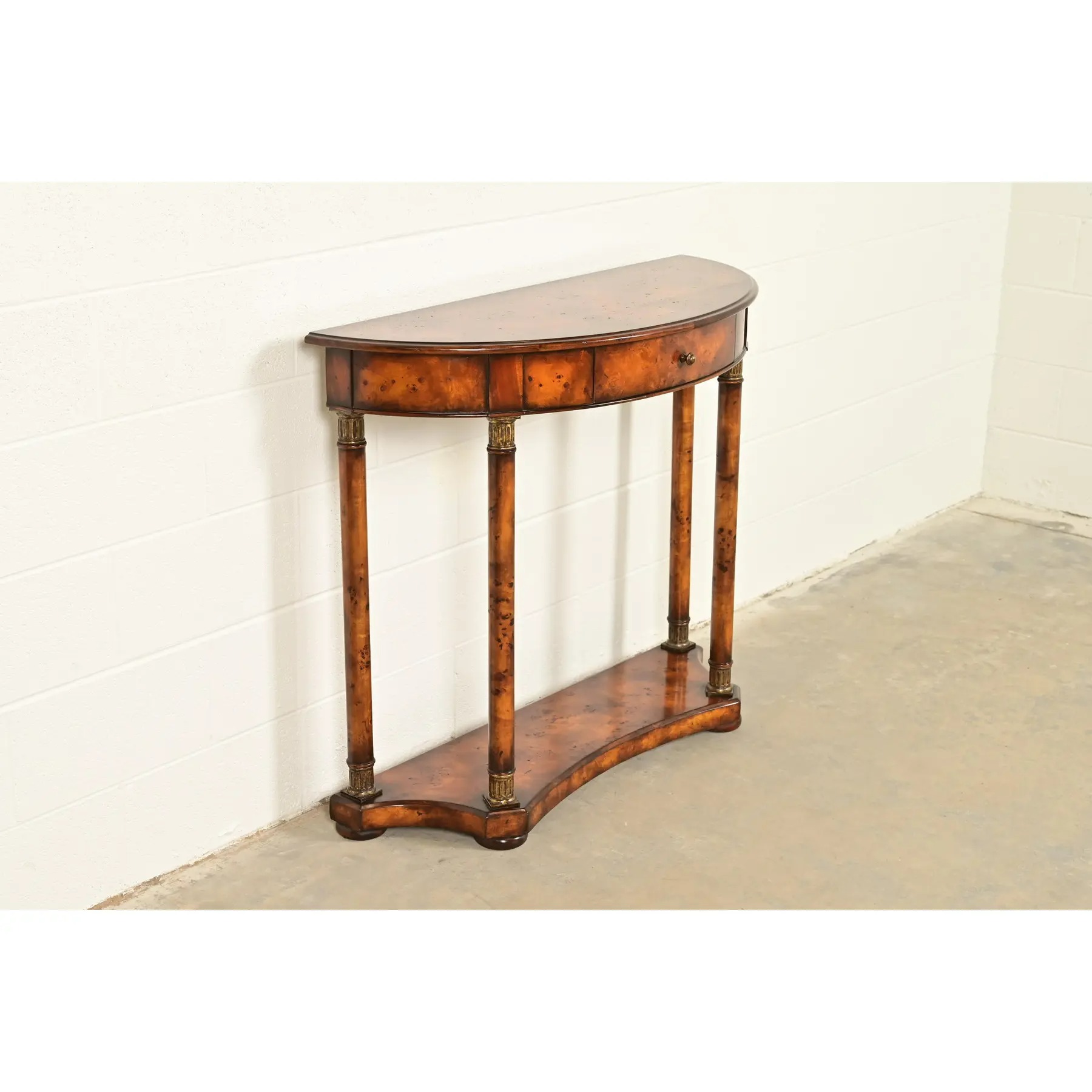 Maitland Smith Style French Empire Burl Wood and Gold Gilt Demilune Console Table - Image 3