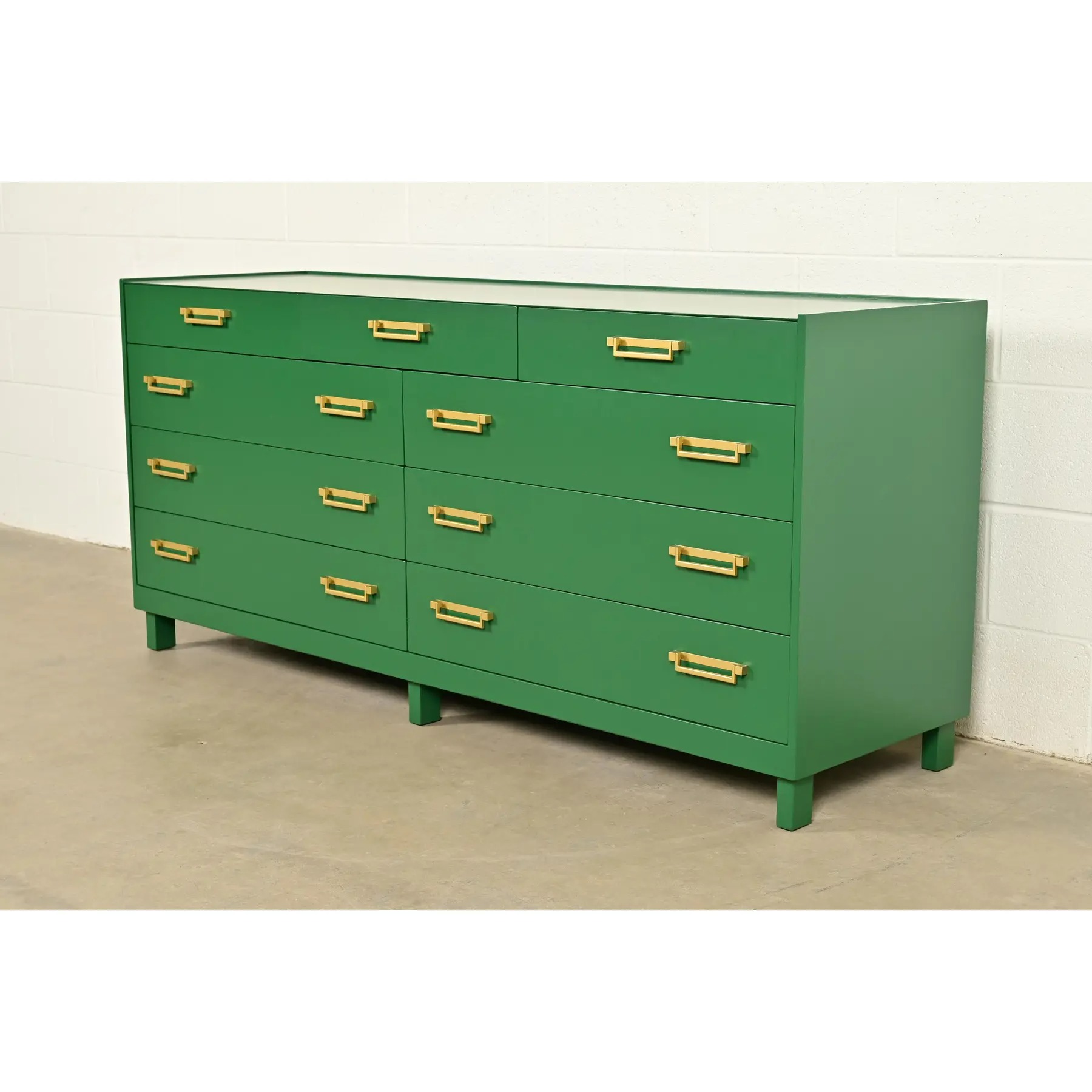 Michael Taylor for Baker Furniture Mid-Century Hollywood Regency Green Lacquered Campaign Dresser, Newly Refinished - Image 3