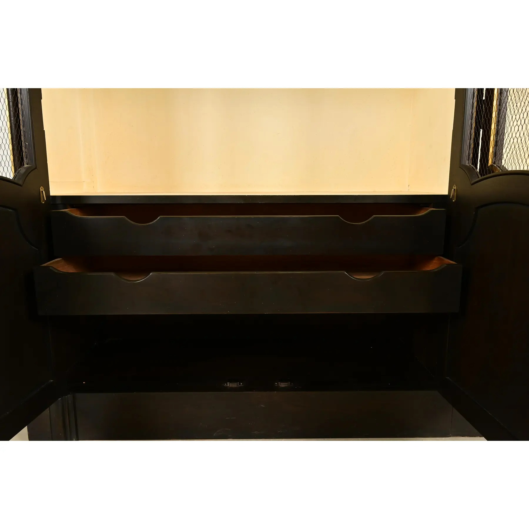 Baker Furniture French Regency Louis XVI Carved Walnut and Parcel Gilt Lighted Breakfront Bookcase Cabinet, Circa 1960s - Image 8