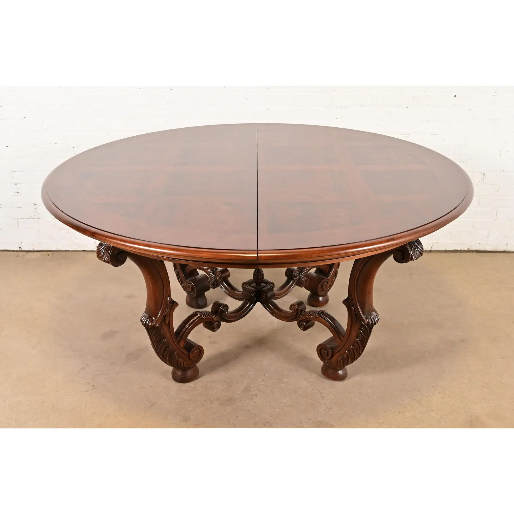 Henredon Italian Provincial Carved Walnut and Burl Wood Pedestal Extension Dining Table, Newly Refinished - Image 7
