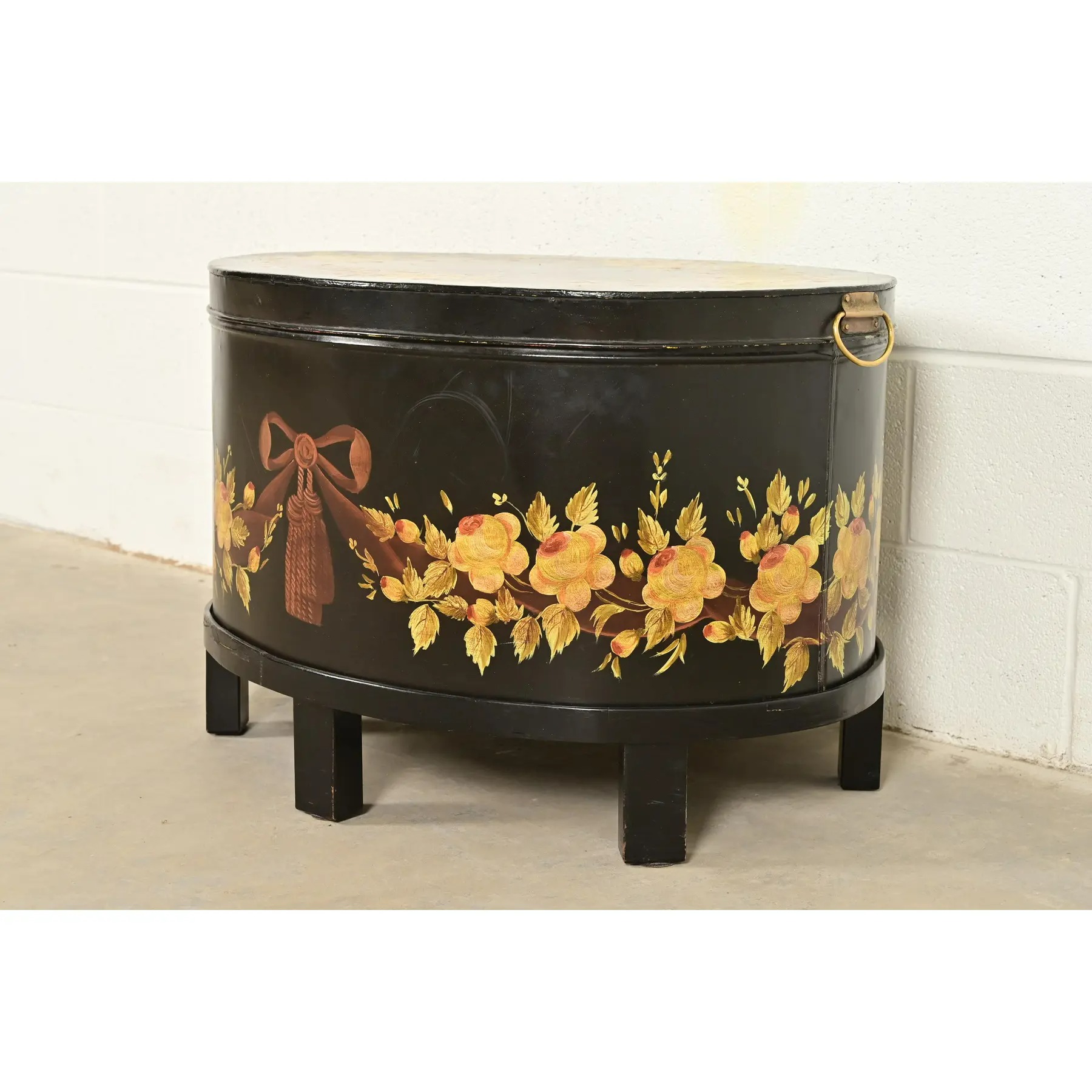 Maitland Smith Neoclassical Hand-Painted Black Lacquered Oval Toleware Box or Chest on Stand - Image 4