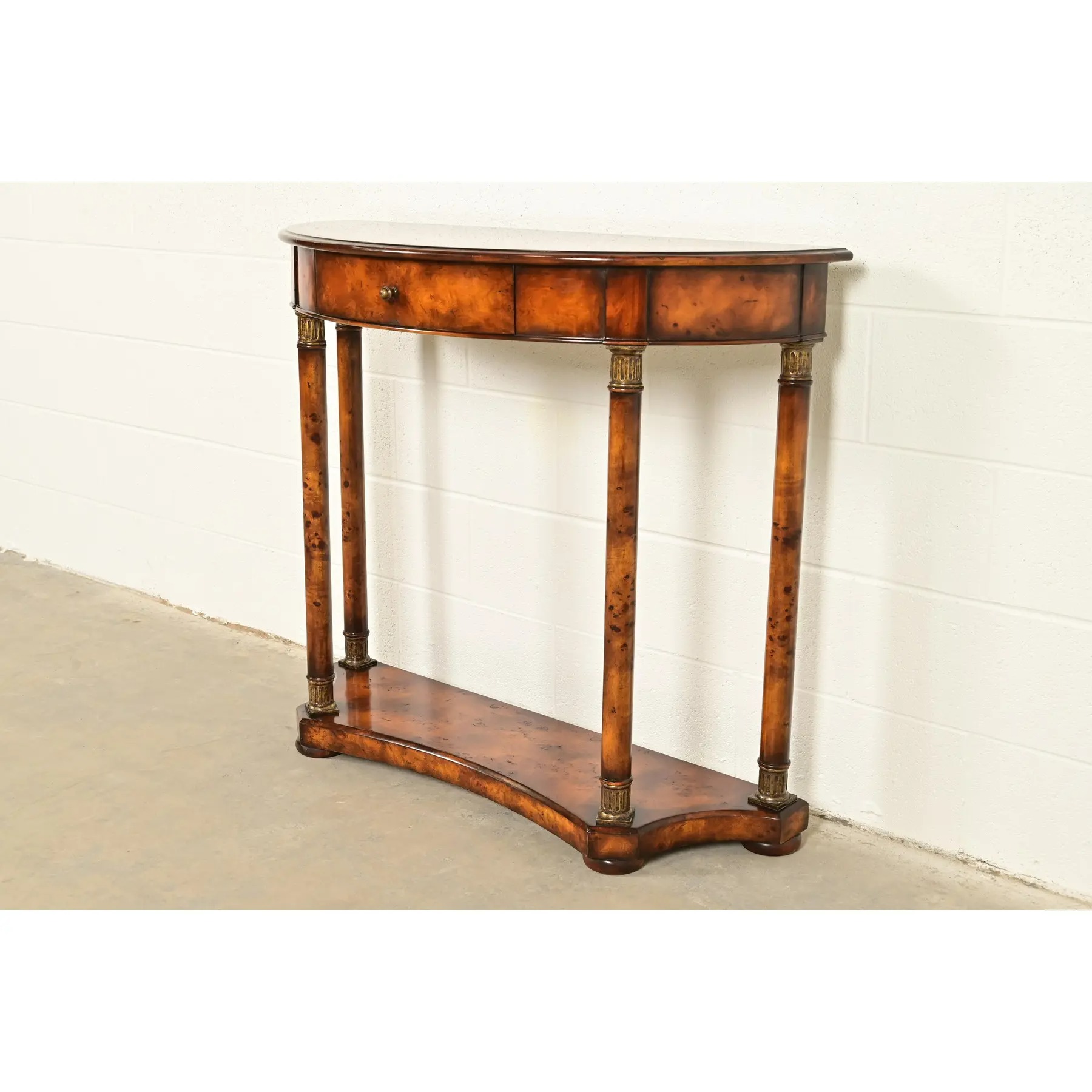 Maitland Smith Style French Empire Burl Wood and Gold Gilt Demilune Console Table - Image 4