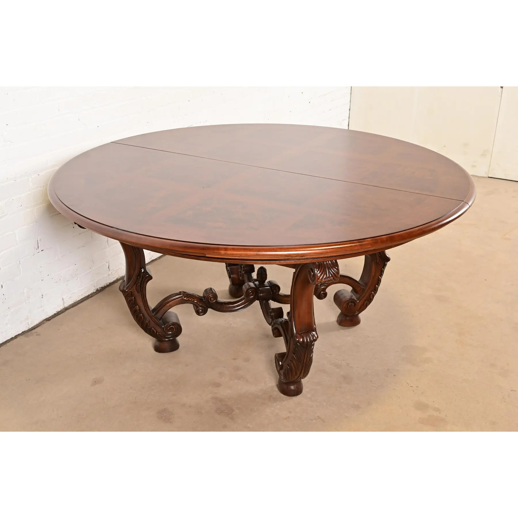 Henredon Italian Provincial Carved Walnut and Burl Wood Pedestal Extension Dining Table, Newly Refinished - Image 8