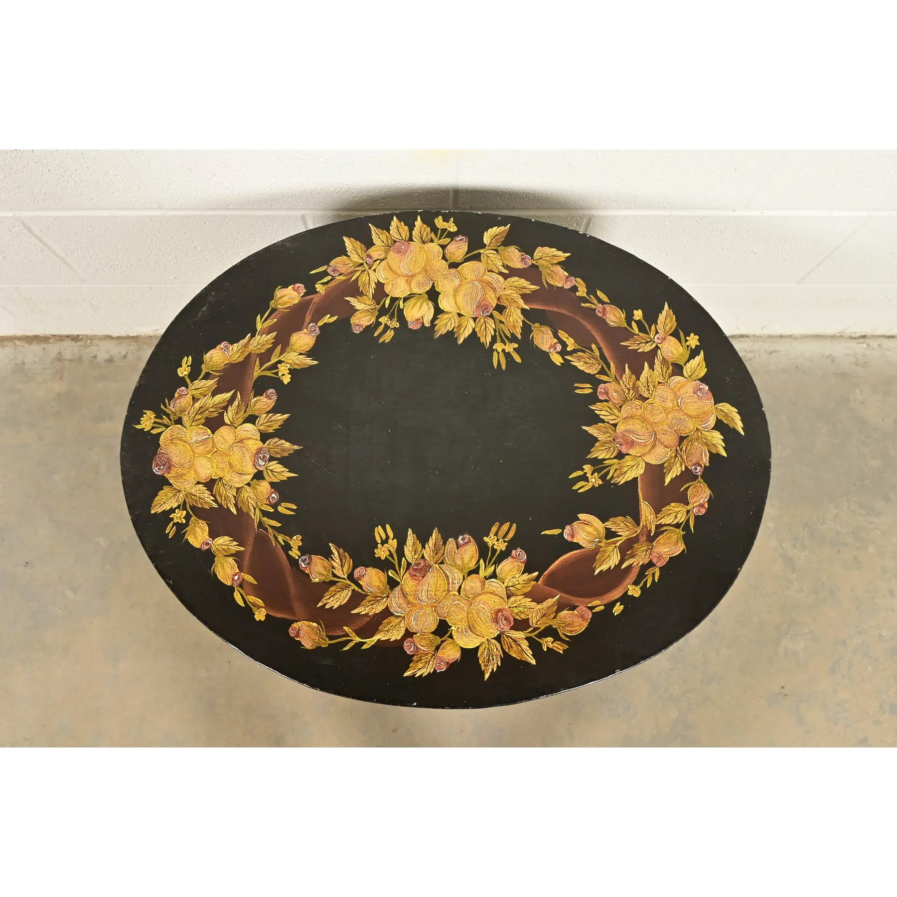 Maitland Smith Neoclassical Hand-Painted Black Lacquered Oval Toleware Box or Chest on Stand - Image 5