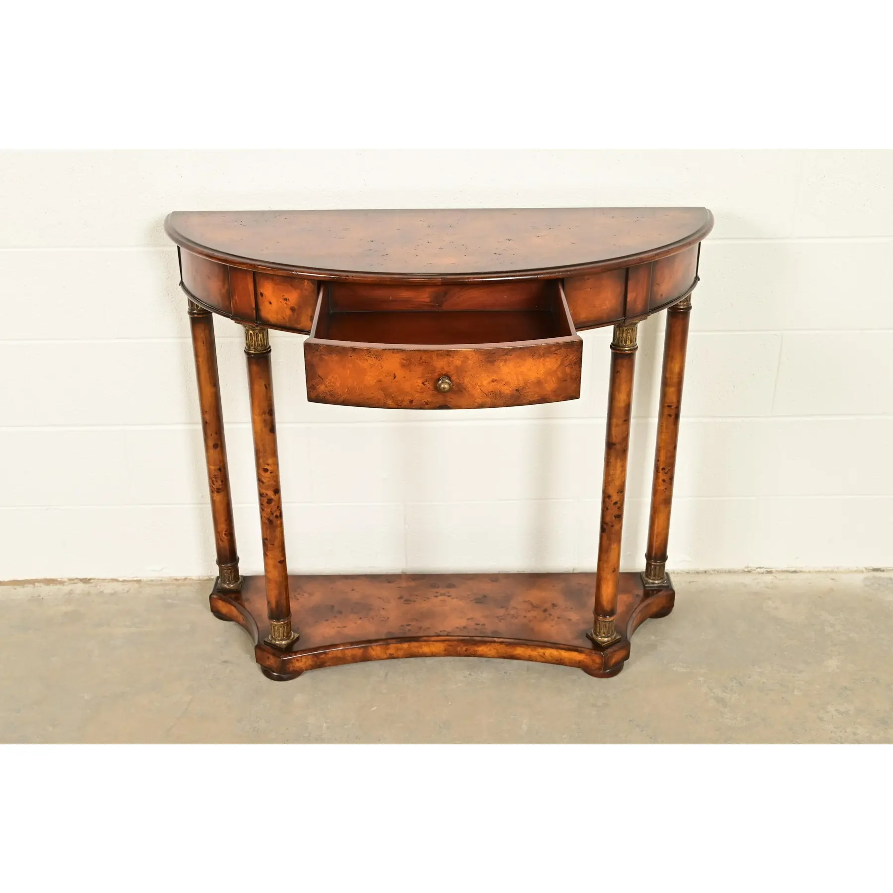 Maitland Smith Style French Empire Burl Wood and Gold Gilt Demilune Console Table - Image 5