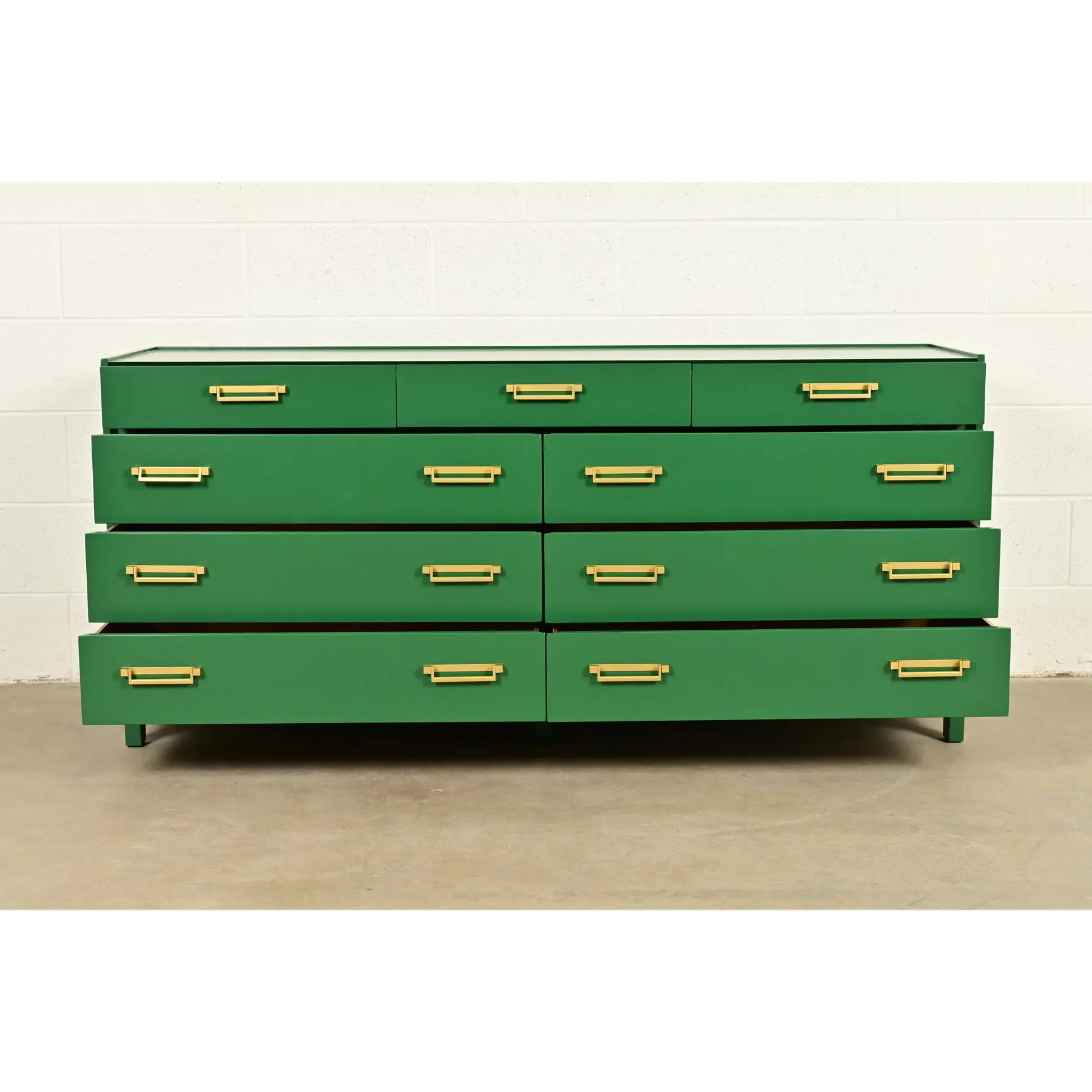 Michael Taylor for Baker Furniture Mid-Century Hollywood Regency Green Lacquered Campaign Dresser, Newly Refinished - Image 5