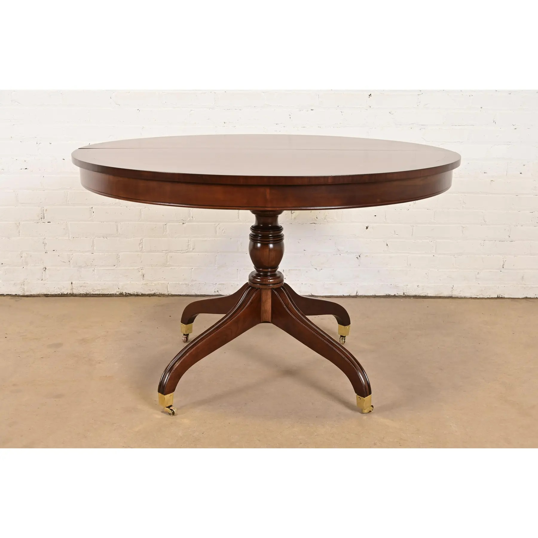 Baker Furniture Style Regency Banded Cherry Wood Pedestal Extension Dining Table, Newly Refinished - Image 12