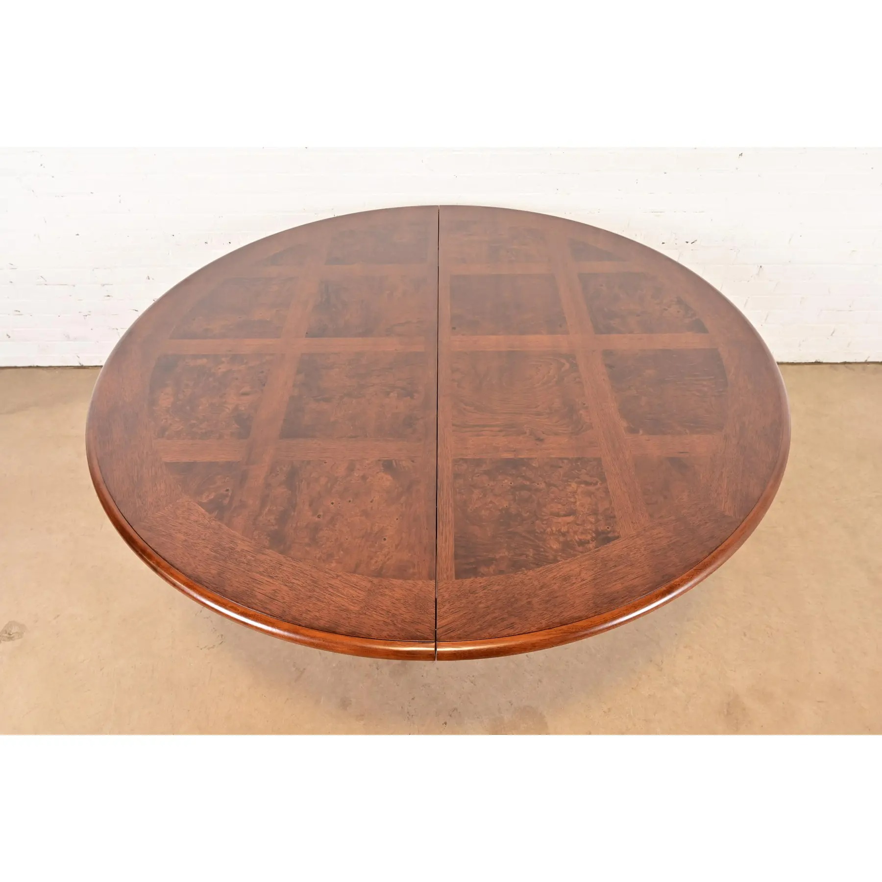 Henredon Italian Provincial Carved Walnut and Burl Wood Pedestal Extension Dining Table, Newly Refinished - Image 9