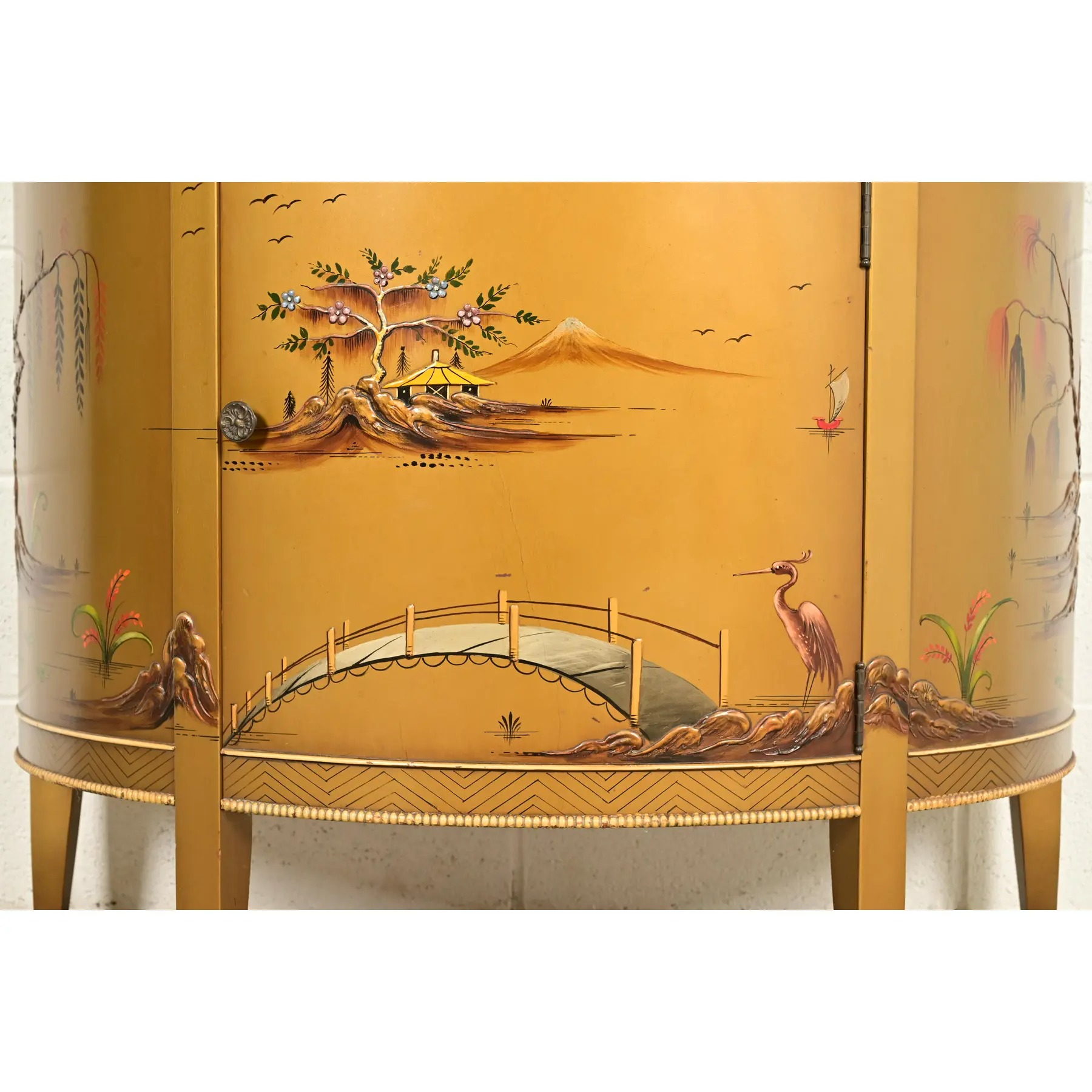 Imperial Furniture Regency Chinoiserie Gold Lacquered Hand Painted Demilune Console or Bar Cabinet, Circa 1940s - Image 10