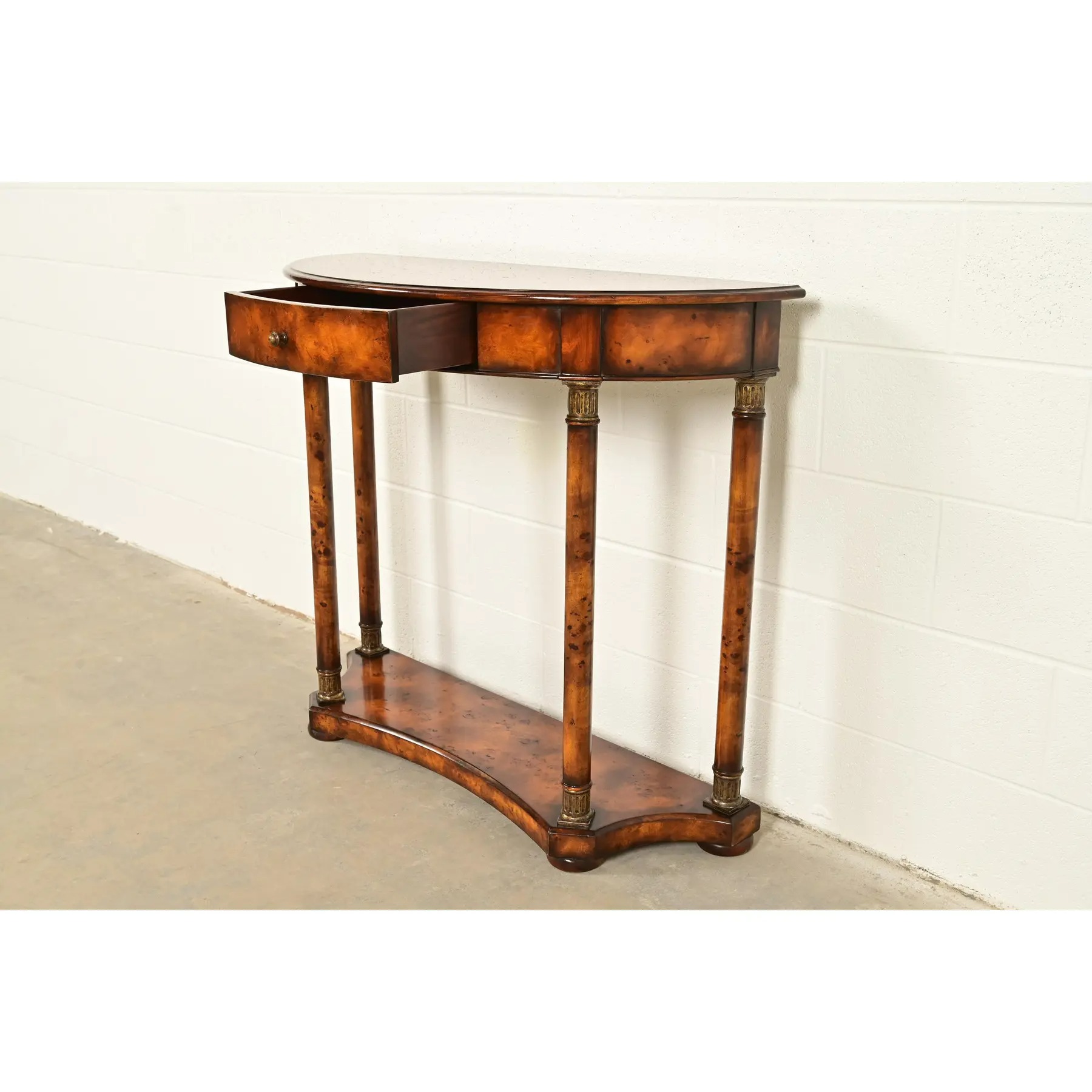 Maitland Smith Style French Empire Burl Wood and Gold Gilt Demilune Console Table - Image 6