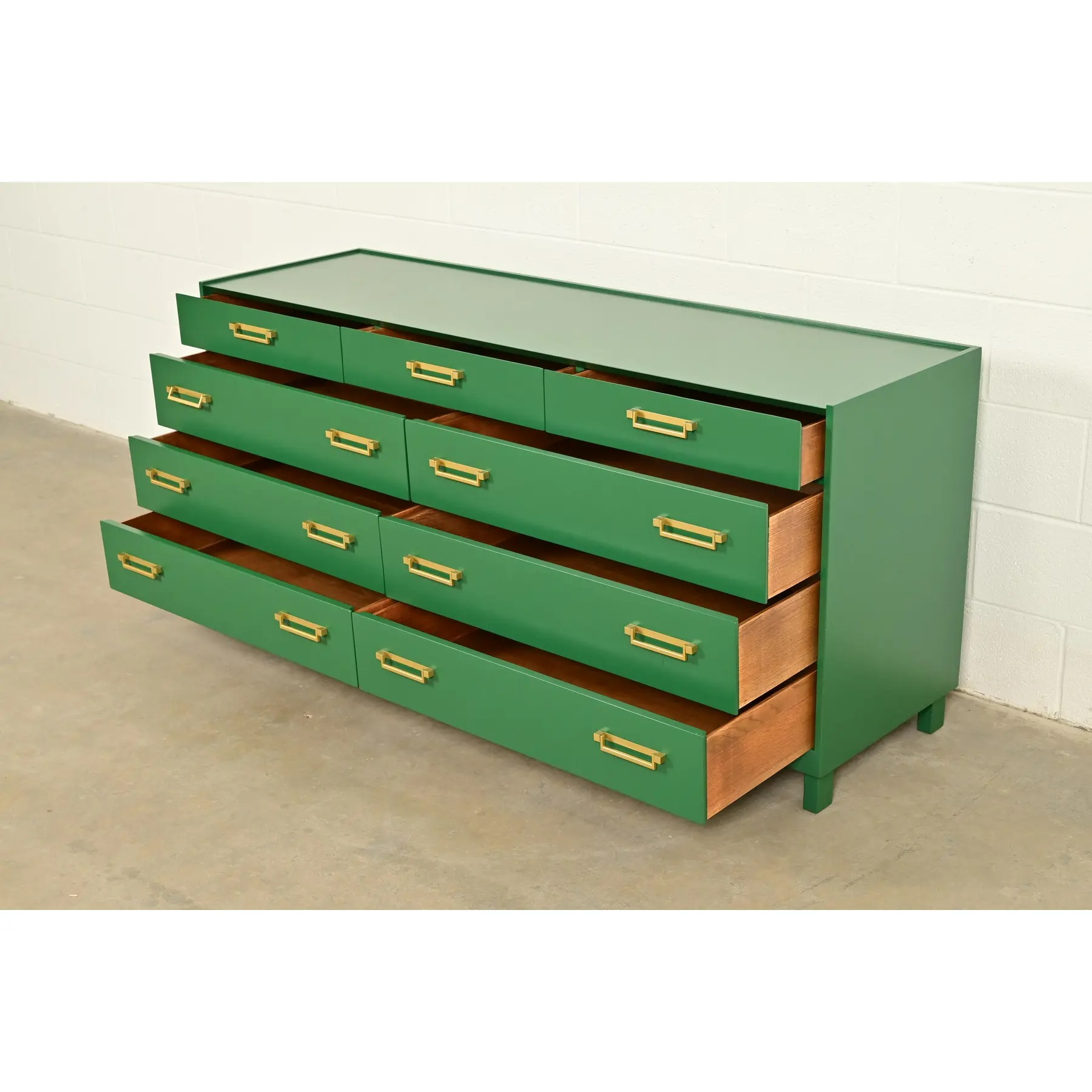 Michael Taylor for Baker Furniture Mid-Century Hollywood Regency Green Lacquered Campaign Dresser, Newly Refinished - Image 6