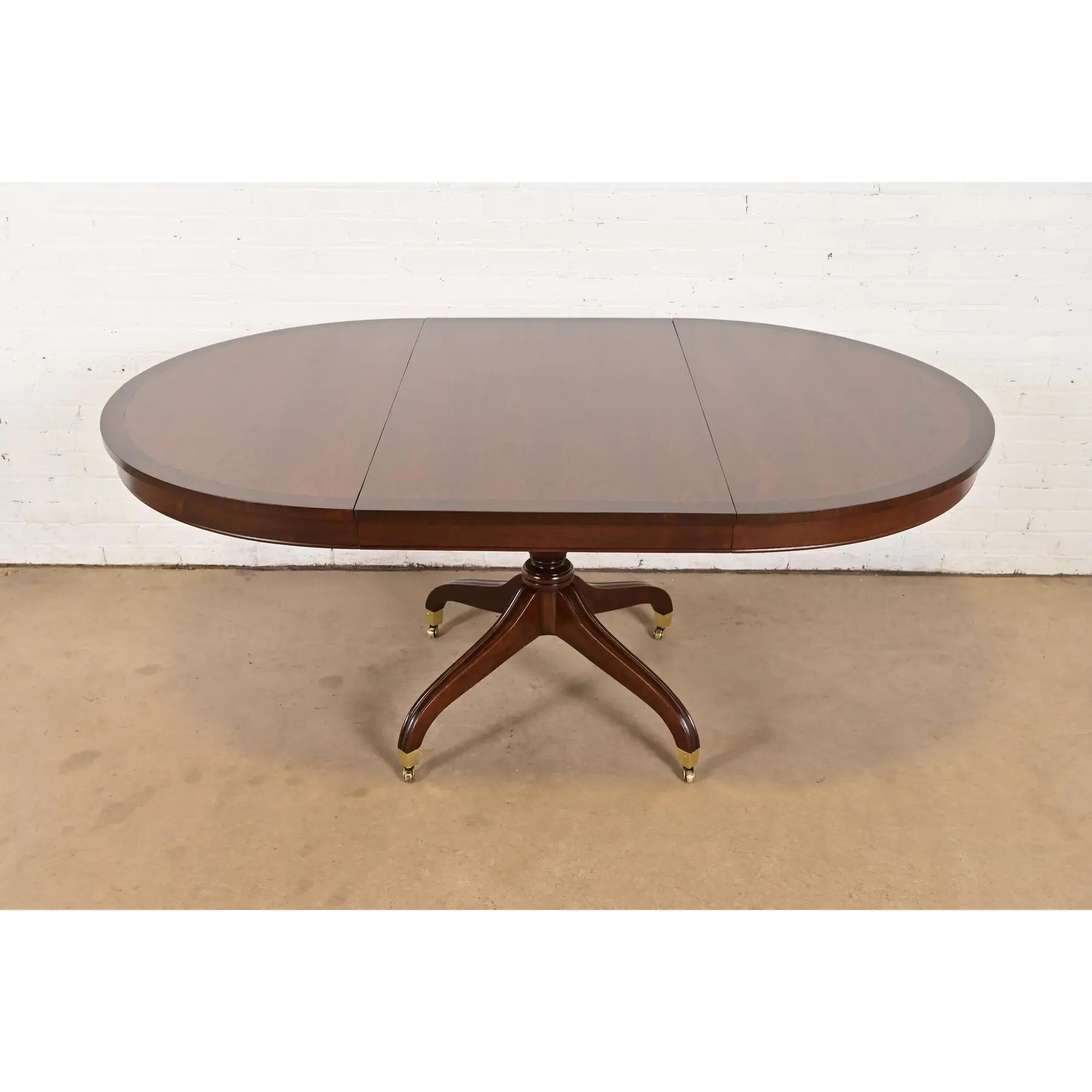 Baker Furniture Style Regency Banded Cherry Wood Pedestal Extension Dining Table, Newly Refinished