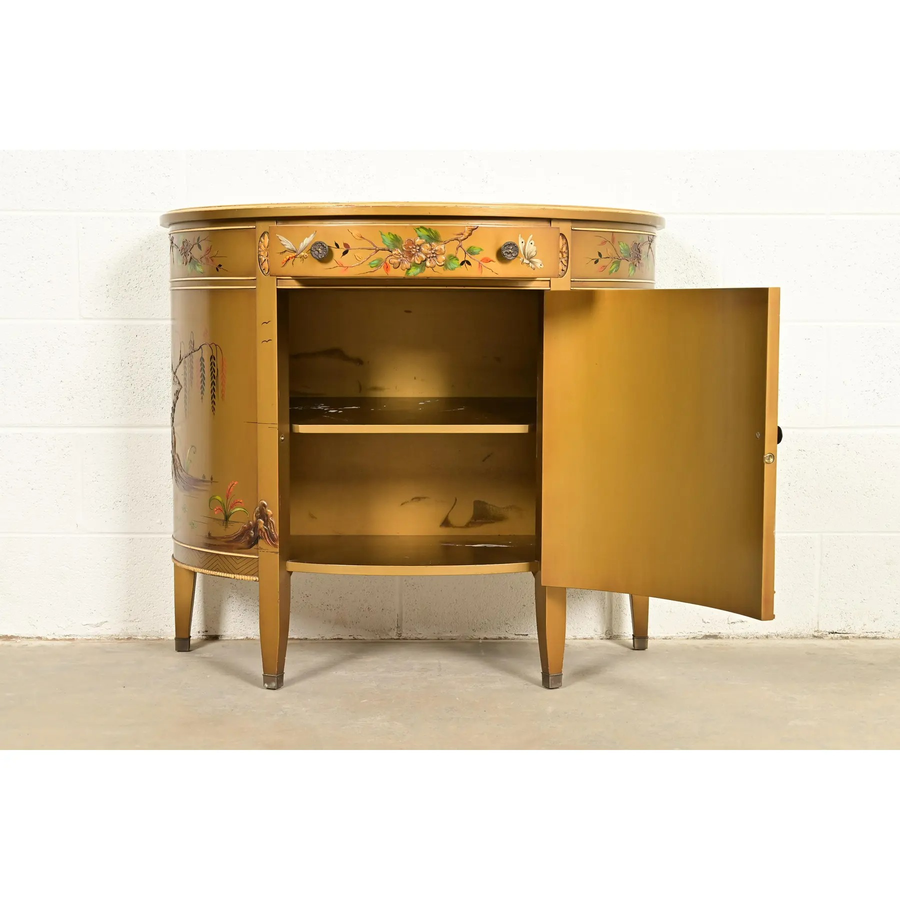 Imperial Furniture Regency Chinoiserie Gold Lacquered Hand Painted Demilune Console or Bar Cabinet, Circa 1940s - Image 6