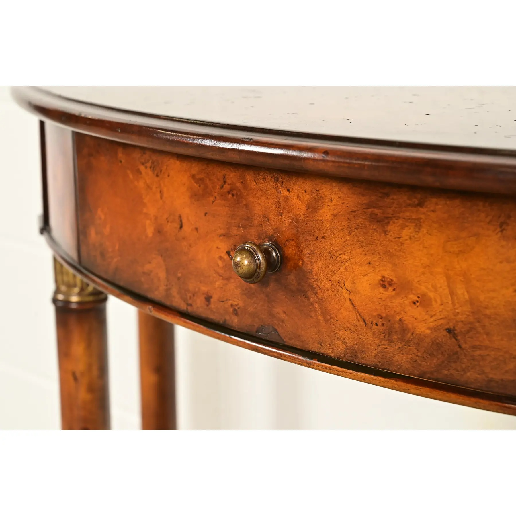 Maitland Smith Style French Empire Burl Wood and Gold Gilt Demilune Console Table - Image 7