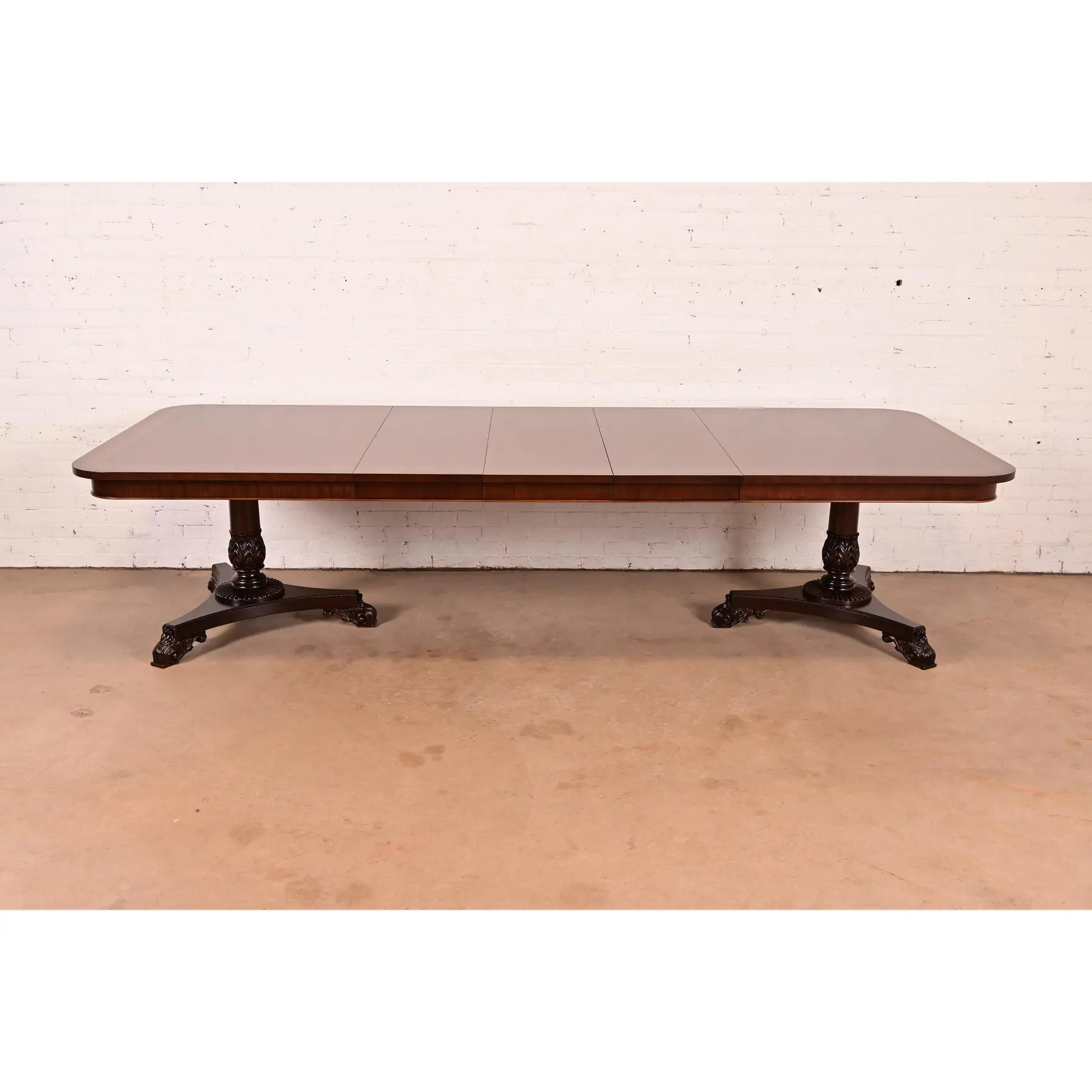 Baker Furniture Regency Banded Mahogany Double Pedestal Extension Dining Table, Newly Refinished - Image 2