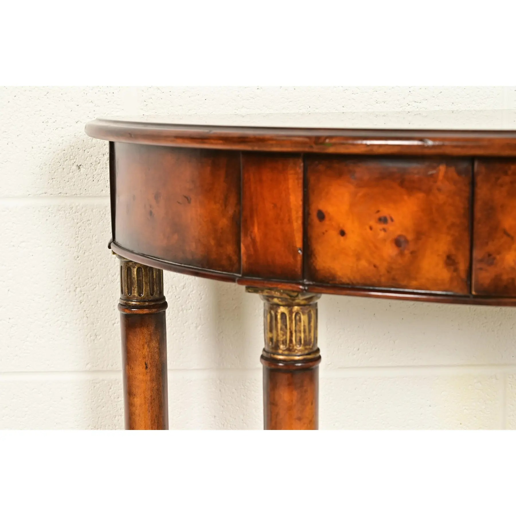Maitland Smith Style French Empire Burl Wood and Gold Gilt Demilune Console Table - Image 8