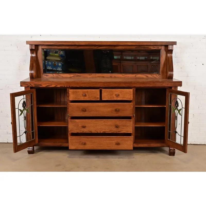 Antique Arts & Crafts Carved Oak Sideboard or Bar Cabinet With Stained Glass Doors, Newly Refinished - Image 5