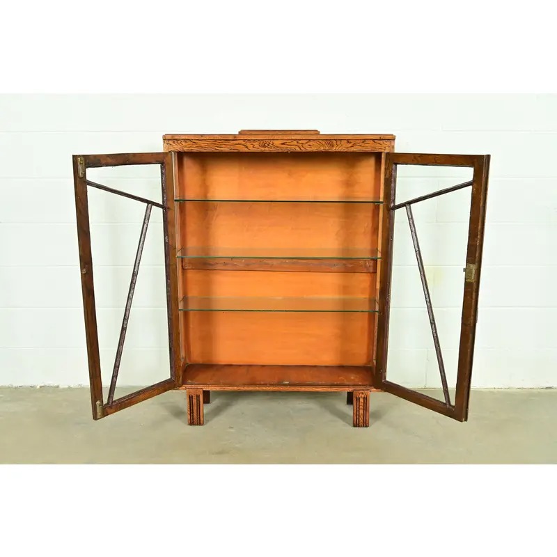 Antique English Art Deco Carved Oak Bookcase or Display Cabinet, Circa 1920s - Image 5