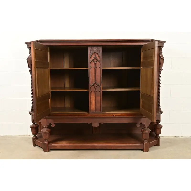 Antique French Gothic Revival Oak Bar Cabinet With Carved Figures, Circa 1890s - Image 5