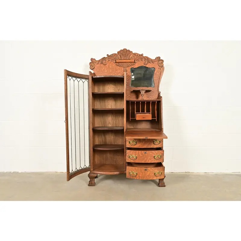 Antique Victorian Carved Tiger Oak Side-by-Side Bookcase With Drop Front Secretary Desk, Circa 1900 - Image 5