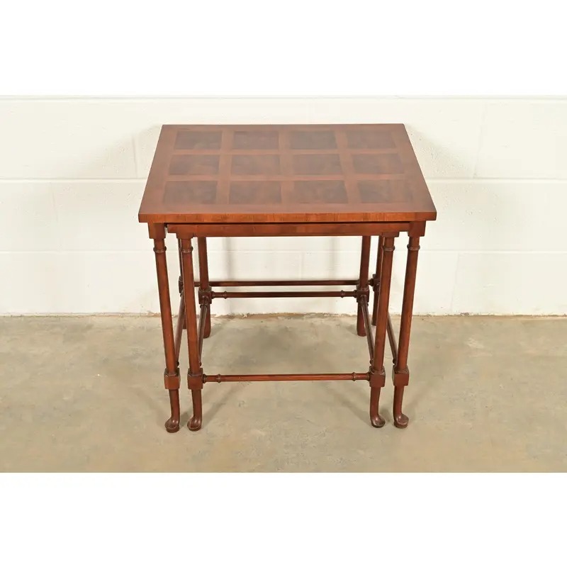 Baker Furniture English Regency Walnut and Burl Wood Parquet Top Nesting Tables, Pair - Image 5