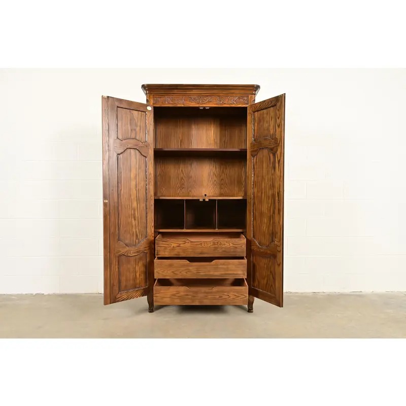 Baker Furniture French Provincial Louis XV Carved Oak Armoire Dresser or Linen Press, Circa 1960s - Image 5