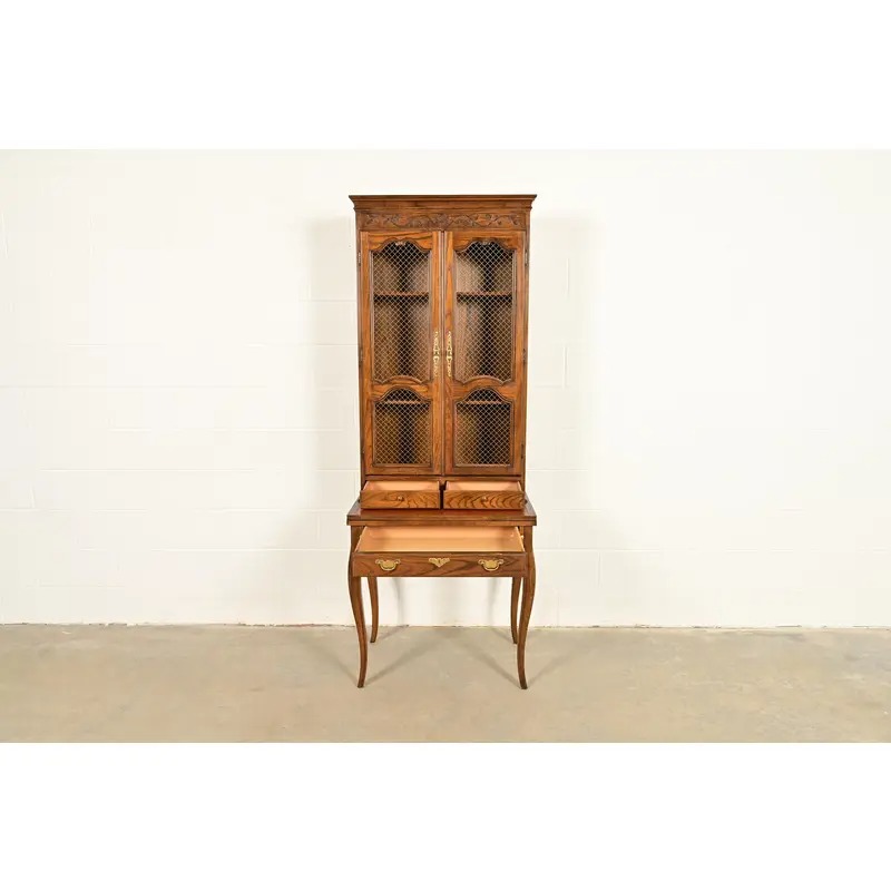 Baker Furniture French Provincial Louis XV Carved Oak Secretary Desk With Bookcase Hutch, Circa 1960s - Image 5
