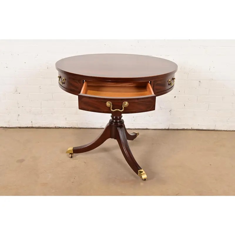 Baker Furniture Georgian Flame Mahogany Pedestal Drum Side Table or Tea Table, Newly Refinished - Image 5