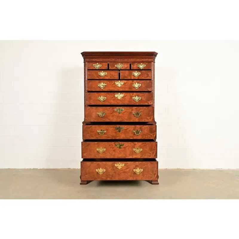 Baker Furniture Historic Charleston Chippendale Carved Mahogany and Burl Wood Eleven-Drawer Highboy Dresser - Image 5