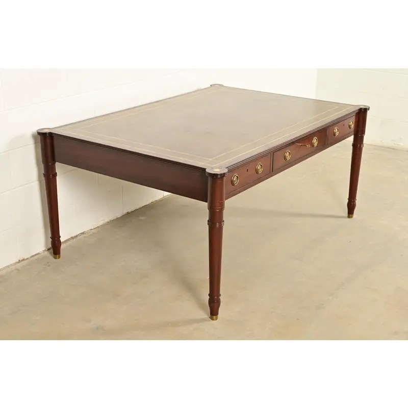 Baker Furniture Stately Homes Collection English Regency Carved Mahogany Leather Top Partner's Desk - Image 5