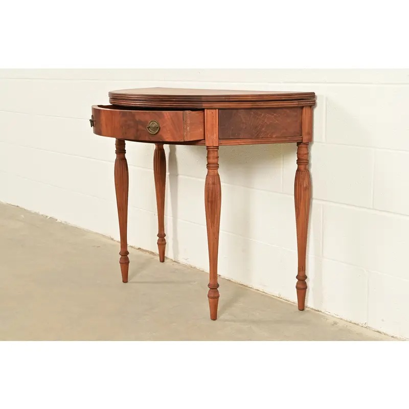 Baker Furniture Style Antique Federal Flame Mahogany Flip Top Demilune Console Game Table, Circa 1920s - Image 5