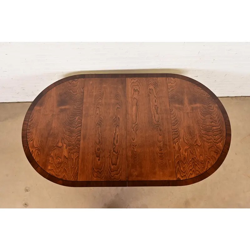 Baker Furniture Style Georgian Banded Mahogany and Burl Wood Pedestal Extension Dining Table, Newly Refinished - Image 5
