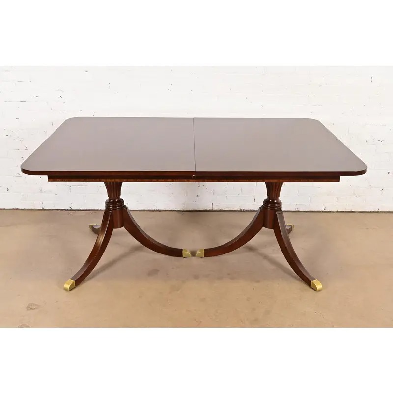 Baker Furniture Style Georgian Banded Mahogany Double Pedestal Extension Dining Table, Newly Refinished - Image 5