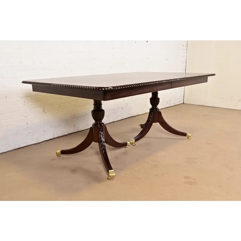 Baker Furniture Style Georgian Mahogany Double Pedestal Extension Dining Table, Newly Refinished - Image 5